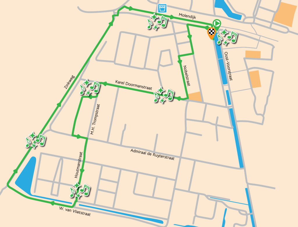 Plattegrond van de route door het centrum van Oud-Beijerland
